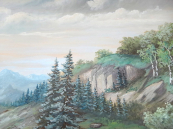Kucera - Landscape with birch trees and mountains in the background