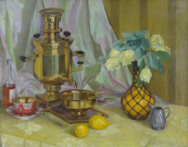 Still life with samovar and white roses in vase