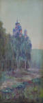 Orthodox church in the landscape with birches