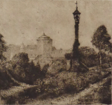 View of the castle, on the road with the lantern and wayside shrine