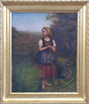 Girl with scythe, wheelbarrow and locomotive in the background