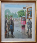 City street, with tram and figures - monogram E. R