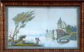 Castle by the lake, with a boat and figures