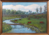 On the pasture by the river - signed in Cyrillic