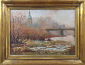Bridge with figures, drying river and church tower