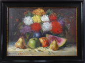 Still life with colourful flowers and fruit