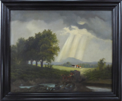 A landscape with a stagecoach, a ford and sunshine