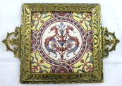 Brass tray with majolica tile - Sarreguemines