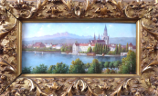 Cathedral with a city under the mountains