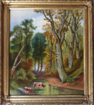 Autumn romantic landscape with trees, bulls, and a building
